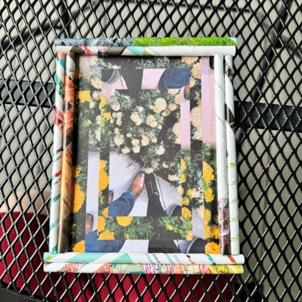 Framed Floral Art, Handmade Recycled Magazine Frame, Yellow Green White